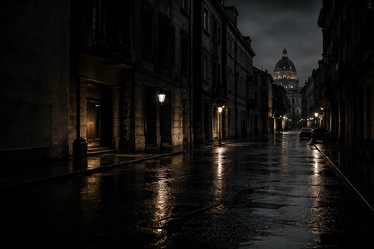 Rua urbana noturna e molhada